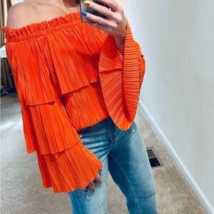 Orange Off-Shoulder Pleated Top